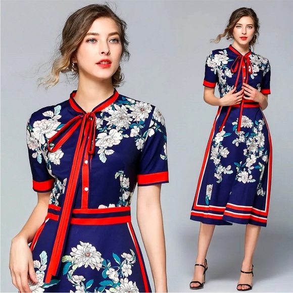 LAI MENG FIVE CATS Women's Floral Print Midi Dress - V-Neck, Puff Sleeves, Button-Up & Side Split